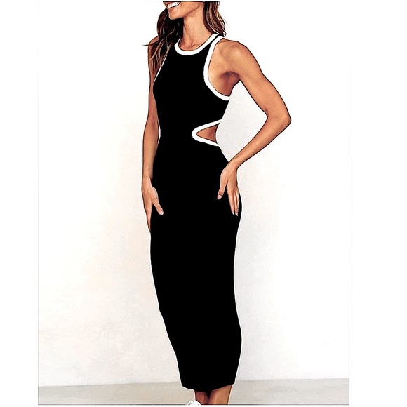 ⭐️KNIT DRESS⭐️RIBBED BODYCON DRESS W/CONTRAST WHITE PIPING & CUTOUTS SIZE SMALL - Picture 2 of 5